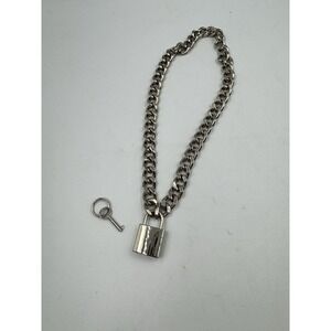 Padlock Pendant Curb Link Chain Necklace in Silver Tone Chunky Grunge Punk 9.5In